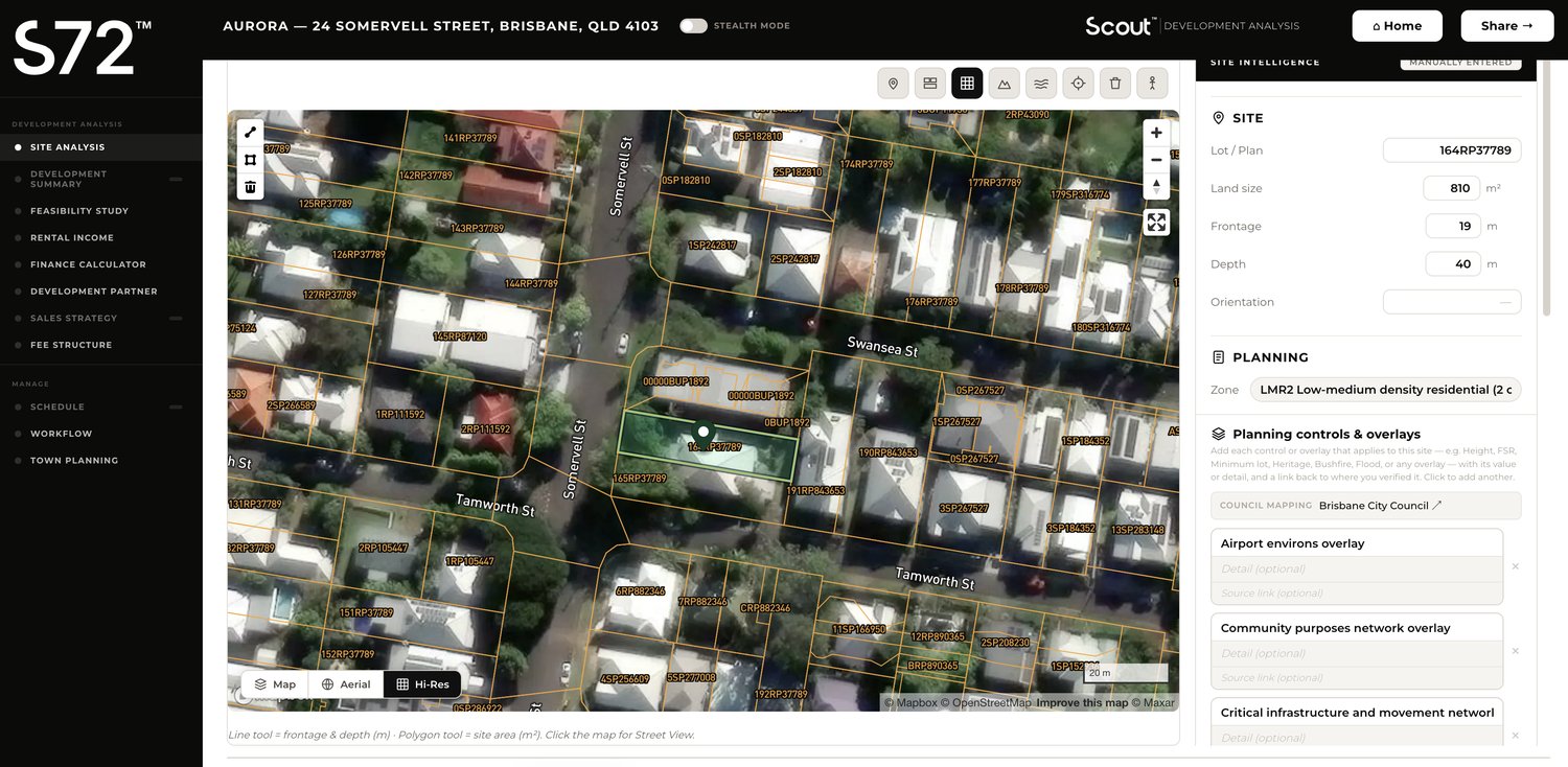 Scout site analysis — zoning, land dimensions and planning overlays verified for a development site